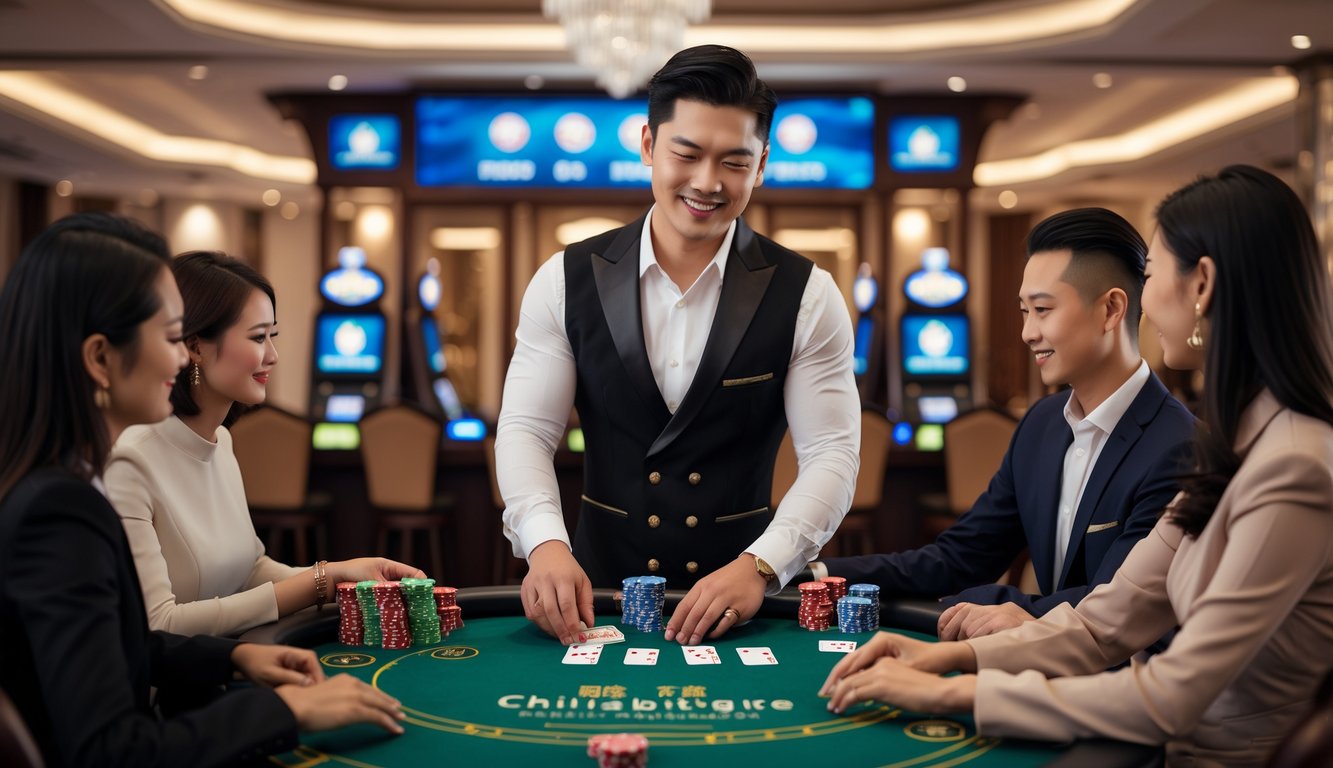 Seorang dealer pria Asia yang percaya diri sedang membagikan kartu Chinese Blackjack kepada pemain yang duduk di meja kasino dengan latar belakang interior kasino yang elegan.