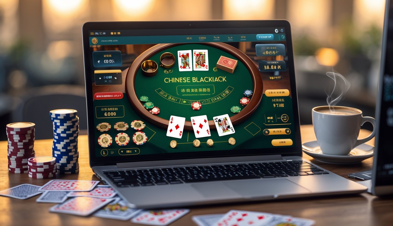 Seorang pemain duduk di depan komputer dengan layar menampilkan permainan Chinese Blackjack online, dikelilingi oleh kartu remi dan chip poker.