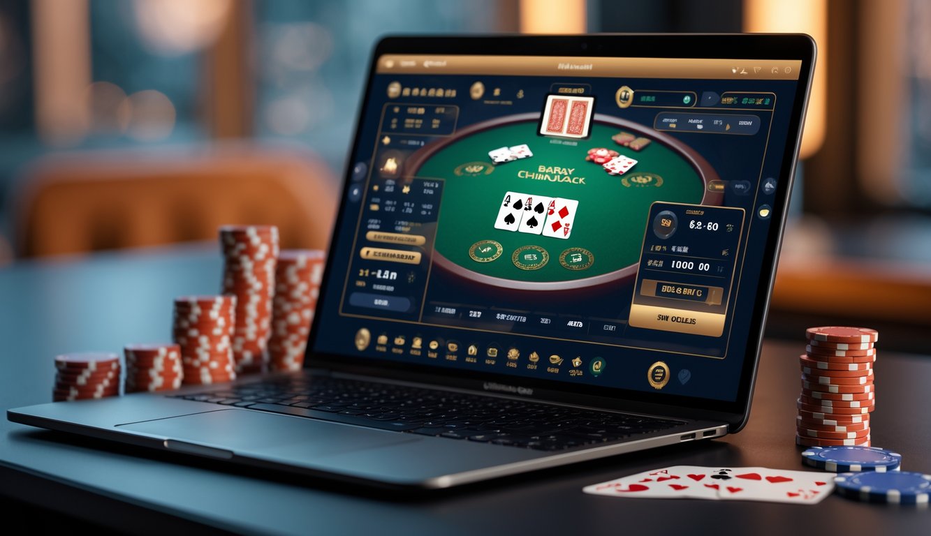 Sebuah meja dengan laptop yang menampilkan permainan Bandar Chinese Blackjack online, dikelilingi oleh chip poker dan kartu remi.