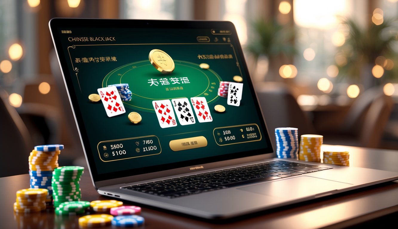 Sebuah layar komputer menampilkan permainan blackjack online dengan kartu dan chip di atas meja kayu, dikelilingi oleh ikon bonus dan suasana yang hangat.