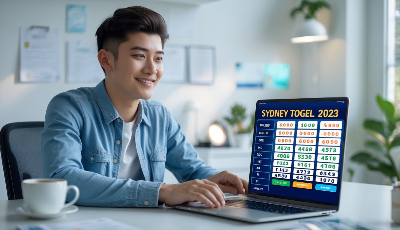 Seorang dewasa muda duduk di meja kerja dengan laptop dan ponsel menampilkan angka togel, tersenyum dengan latar belakang kantor rumah yang rapi.