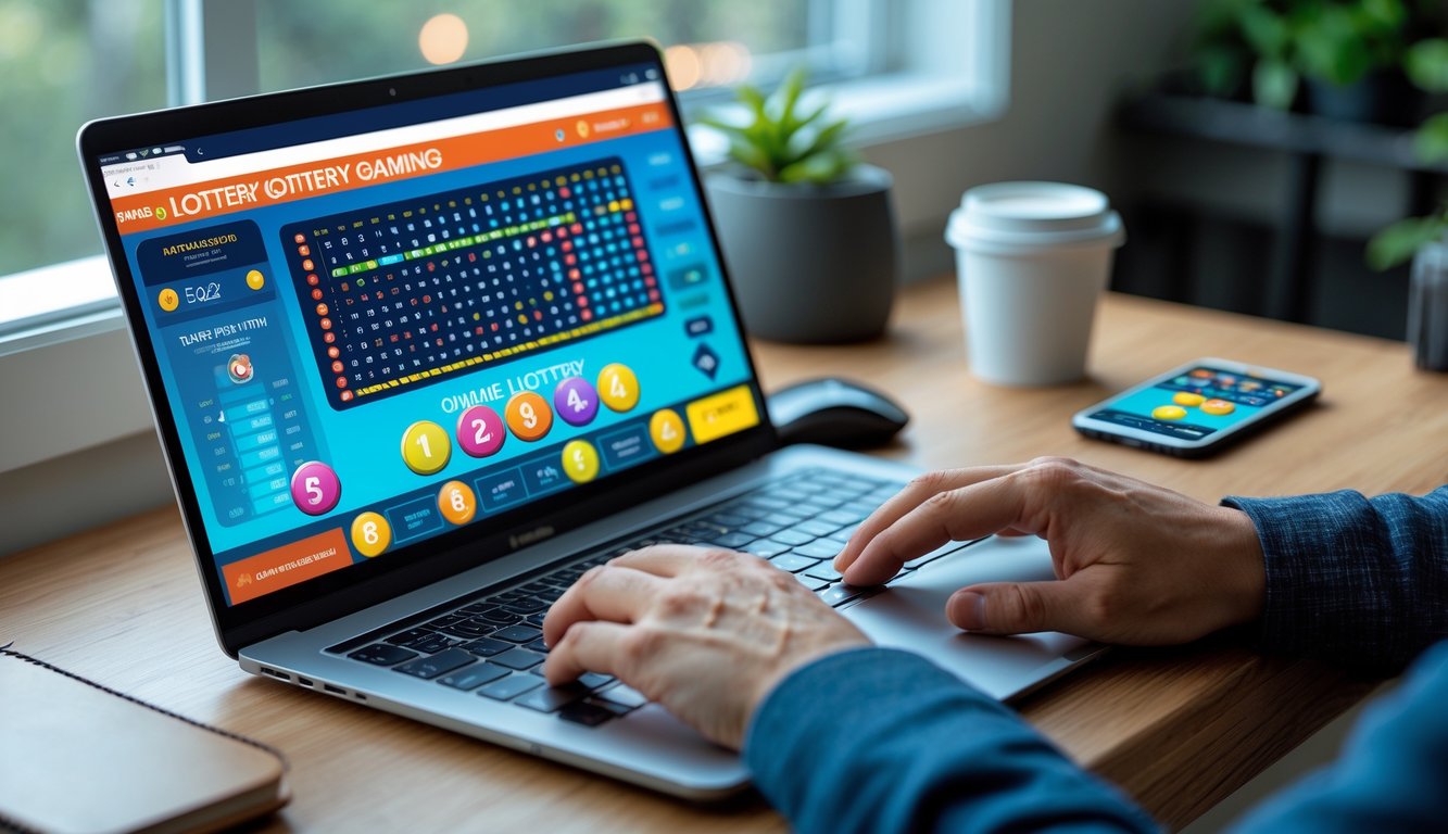 Seseorang menggunakan laptop dan ponsel di meja kerja dengan tampilan aplikasi togel online di layar.