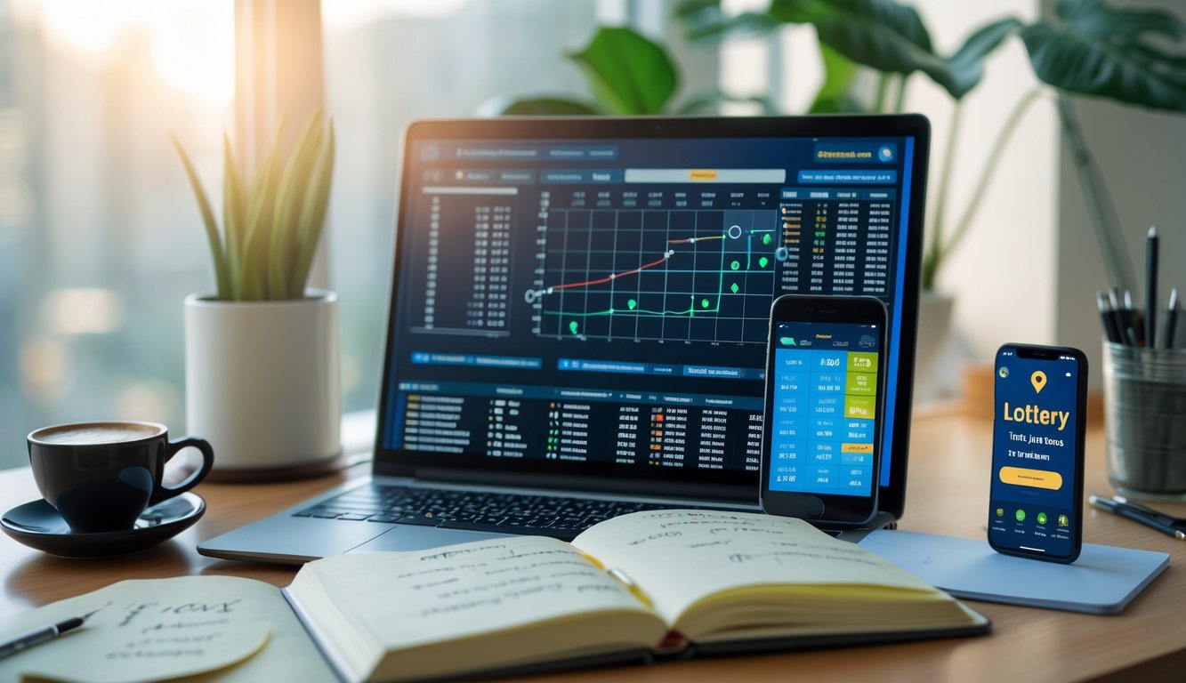 Sebuah meja kerja dengan laptop, ponsel, dan buku catatan yang menampilkan data dan strategi terkait togel online.