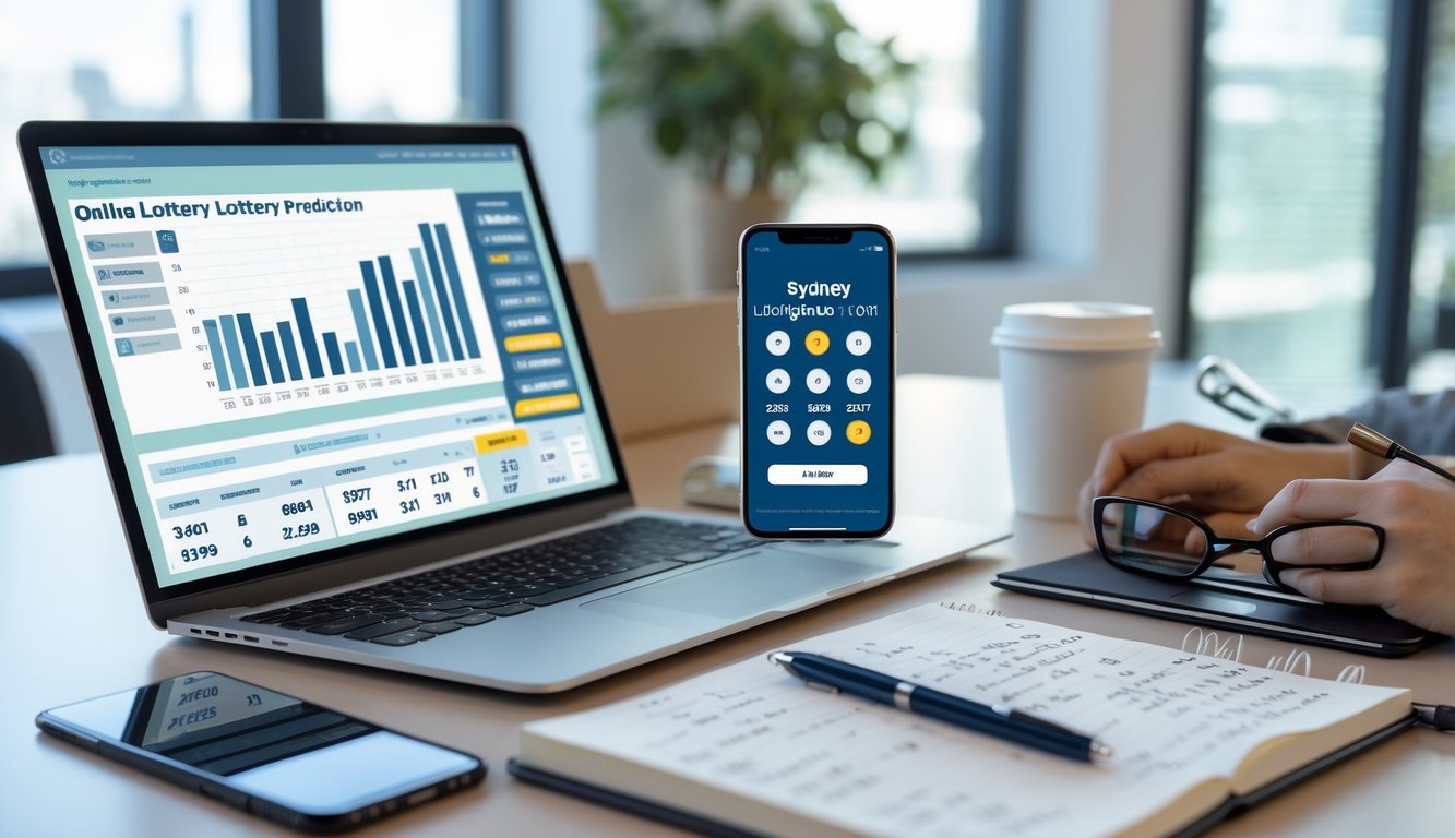 Sebuah ruang kerja modern dengan laptop, ponsel, dan buku catatan yang menunjukkan aktivitas prediksi togel secara online.