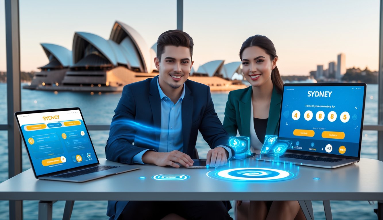 Dua orang muda duduk di meja dengan laptop dan ponsel, latar belakang kota Sydney dengan gedung ikonik, menunjukkan suasana permainan togel online yang cepat dan terpercaya.