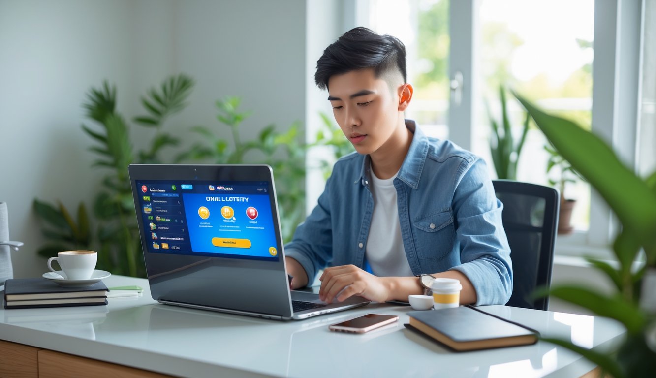 Seorang dewasa muda duduk di meja kerja dengan laptop, tampak fokus menggunakan aplikasi togel online, di ruang kantor rumah yang terang dan rapi.