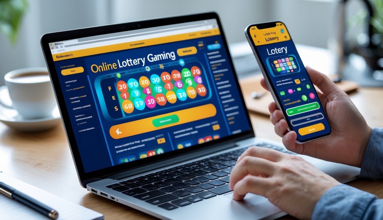 Seseorang menggunakan laptop dan ponsel di meja kerja dengan kopi dan alat tulis di sekitar.