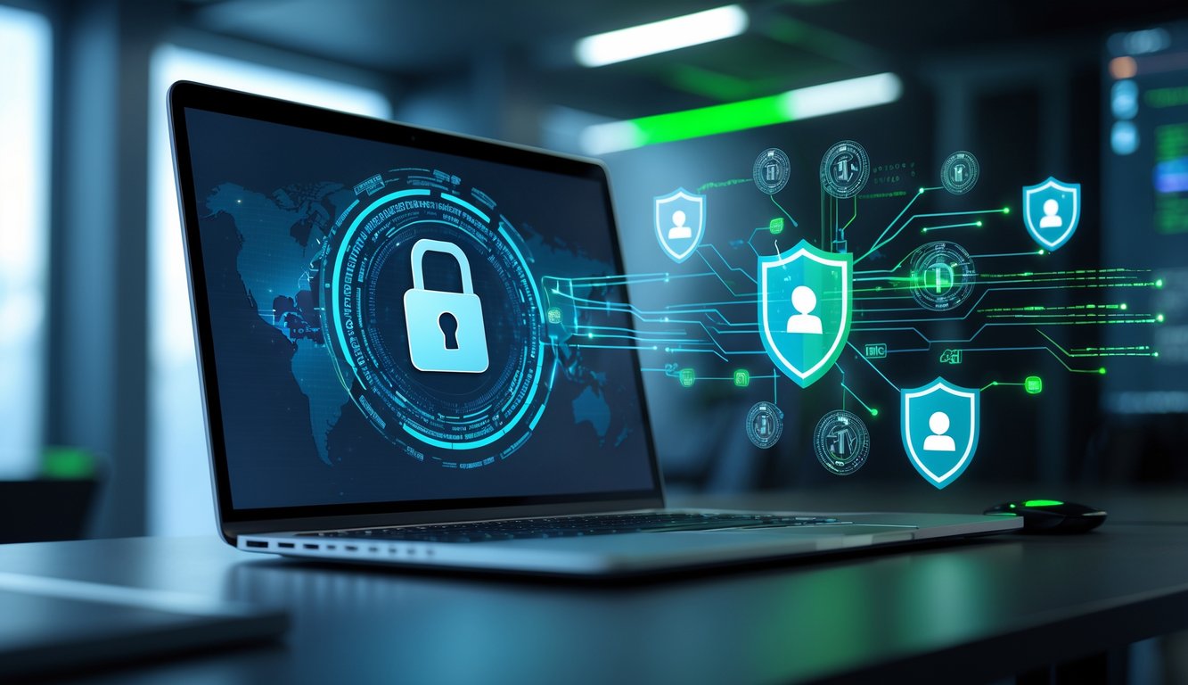 Seorang profesional menggunakan laptop dengan layar menampilkan ikon keamanan, dikelilingi oleh simbol keamanan digital di ruang kerja modern.