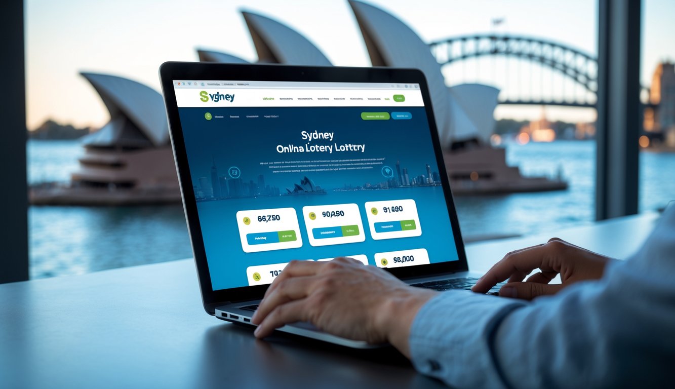 Seseorang menggunakan laptop di meja kerja dengan latar belakang pemandangan kota Sydney yang samar, menunjukkan aktivitas memilih situs togel online yang aman.