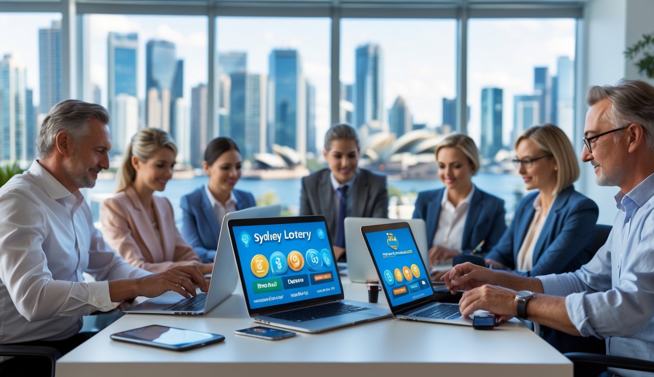 Beberapa orang dewasa menggunakan laptop dan ponsel di kantor modern dengan pemandangan kota Sydney di latar belakang, menunjukkan suasana memilih situs togel online yang aman dan terpercaya.
