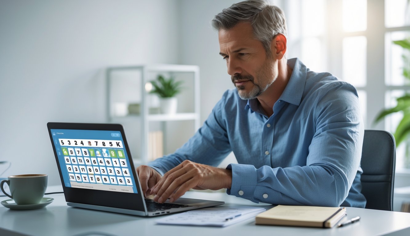 Seorang pria dewasa duduk di meja kerja sambil melihat layar laptop dan mencatat angka togel dengan serius di ruang kerja rumah yang rapi.