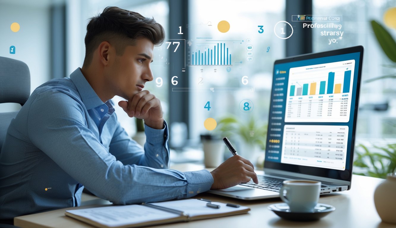 Seorang individu fokus duduk di meja modern sambil menganalisis data di layar laptop dengan catatan dan alat tulis di sekitarnya.