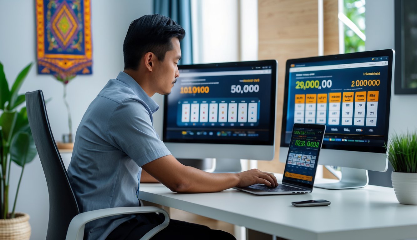 Seorang pria Indonesia duduk di meja kerja modern menggunakan komputer dan ponsel dengan layar menampilkan data togel online.