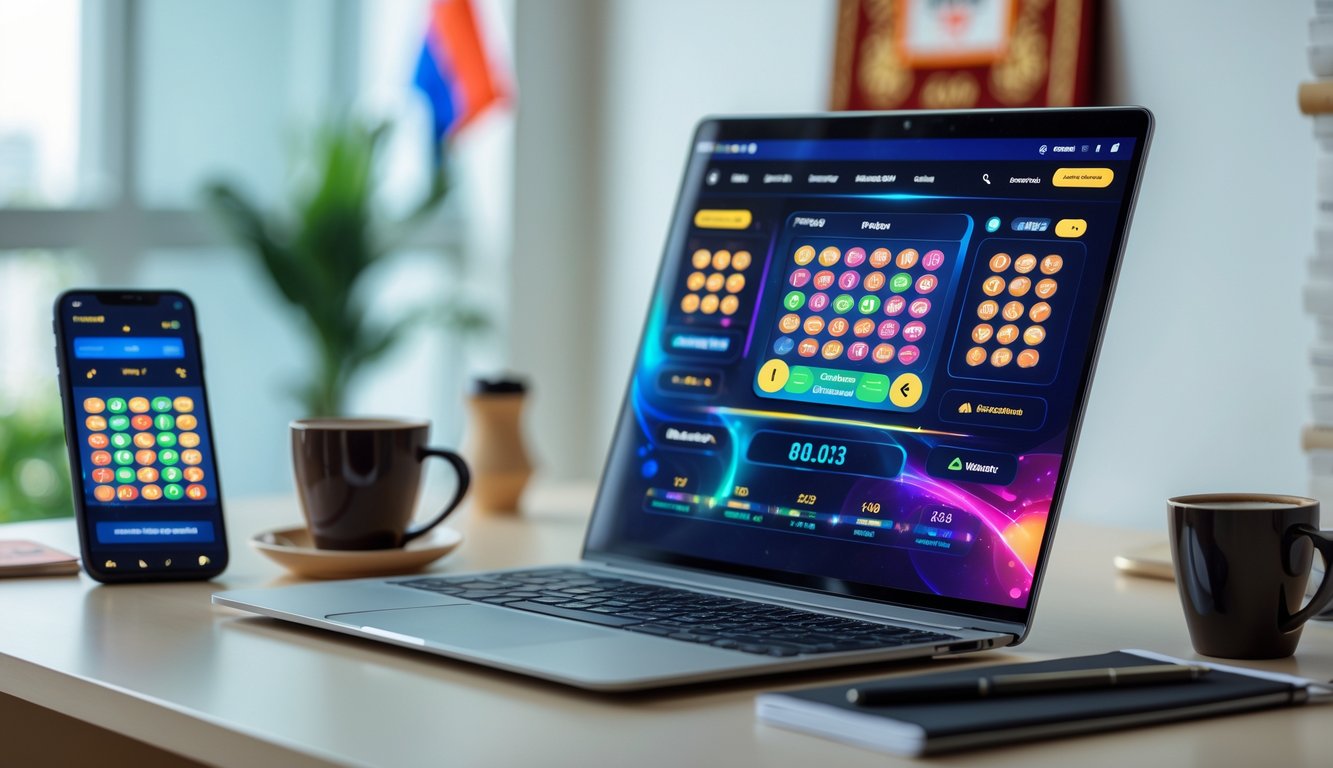 Seorang pengguna sedang mengakses permainan togel online di komputer di ruang kerja yang rapi dengan suasana terang dan profesional.