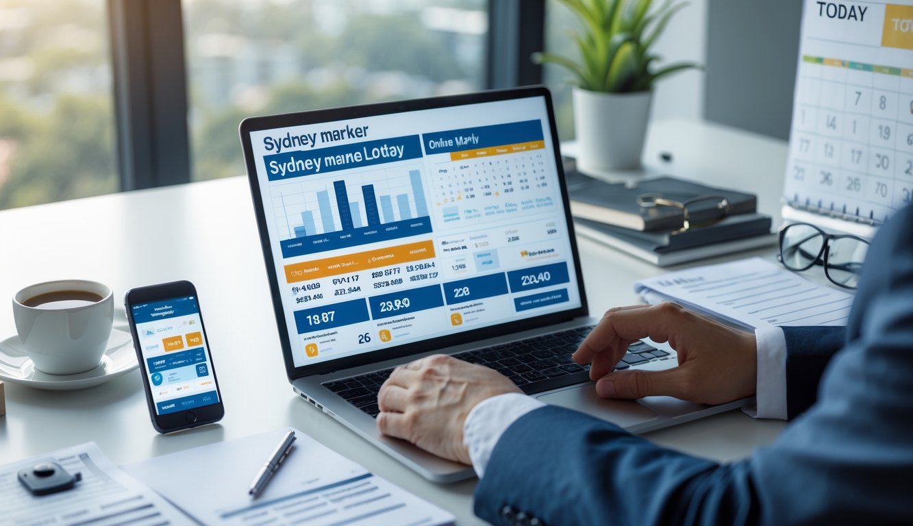 Meja kerja modern dengan laptop, catatan, dan ponsel yang menampilkan data prediksi angka togel Sydney hari ini.