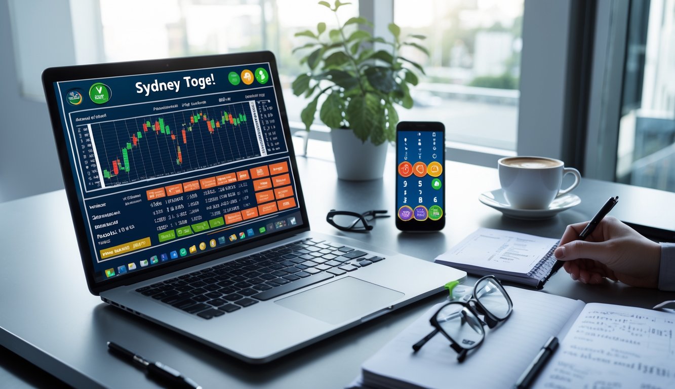 Meja kerja dengan laptop, ponsel, dan buku catatan yang menunjukkan aktivitas prediksi angka togel online di kantor yang terang.