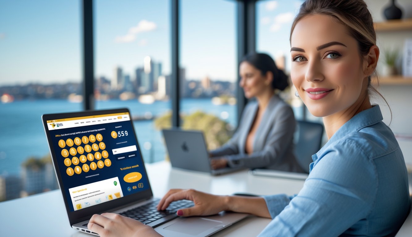 Seseorang menggunakan laptop di ruang kerja dengan pemandangan kota Sydney di luar jendela, menunjukkan aktivitas bermain togel online secara resmi dan legal.