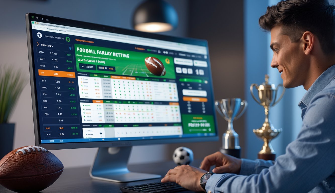 Seorang pria muda duduk di depan komputer dengan layar yang menampilkan platform taruhan sepak bola online, dikelilingi oleh elemen terkait sepak bola seperti bola dan piala.