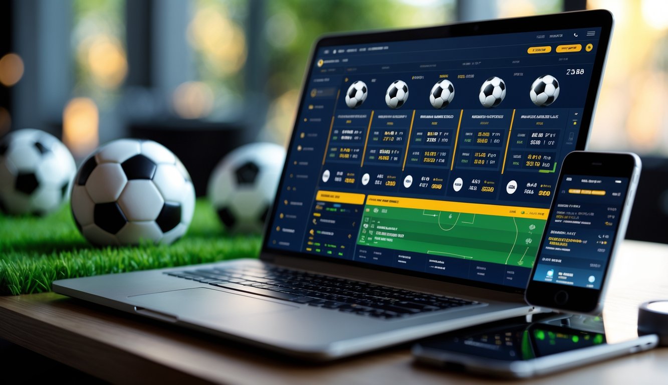 Seorang pria menggunakan laptop dengan tampilan taruhan sepak bola online, dikelilingi bola sepak dan ponsel dengan pembaruan pertandingan langsung.