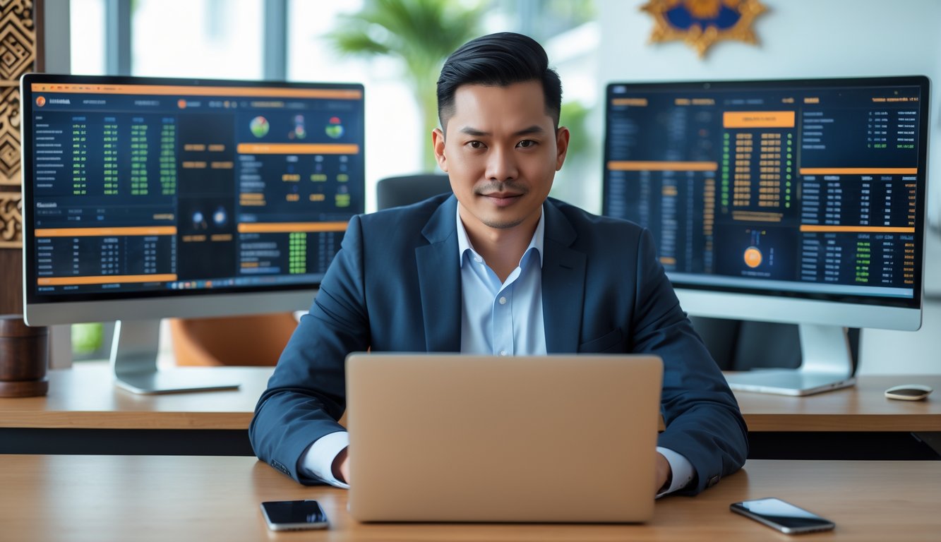 Seorang pria profesional Indonesia duduk di meja modern dengan beberapa monitor komputer yang menampilkan data taruhan olahraga, menggunakan laptop dan ponsel di kantor yang terang dan rapi.