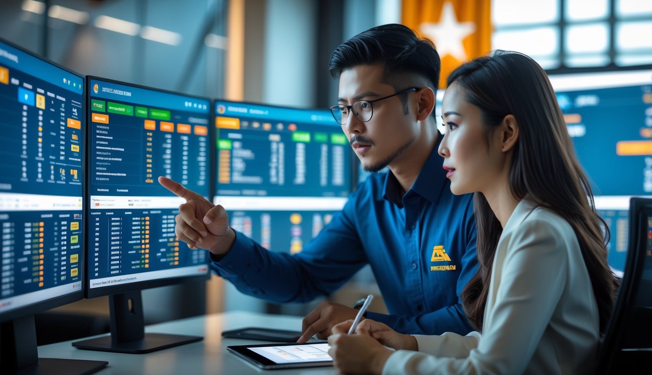Dua orang profesional sedang menganalisis data taruhan olahraga di ruang kantor modern.