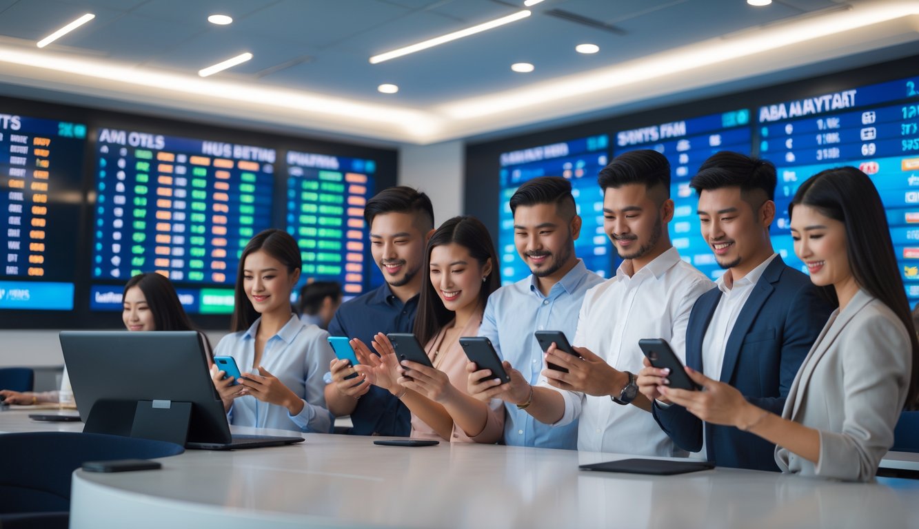 Sekelompok orang muda menggunakan perangkat digital untuk melihat peluang taruhan olahraga di ruang modern dengan layar besar yang menampilkan pertandingan sepak bola Asia.