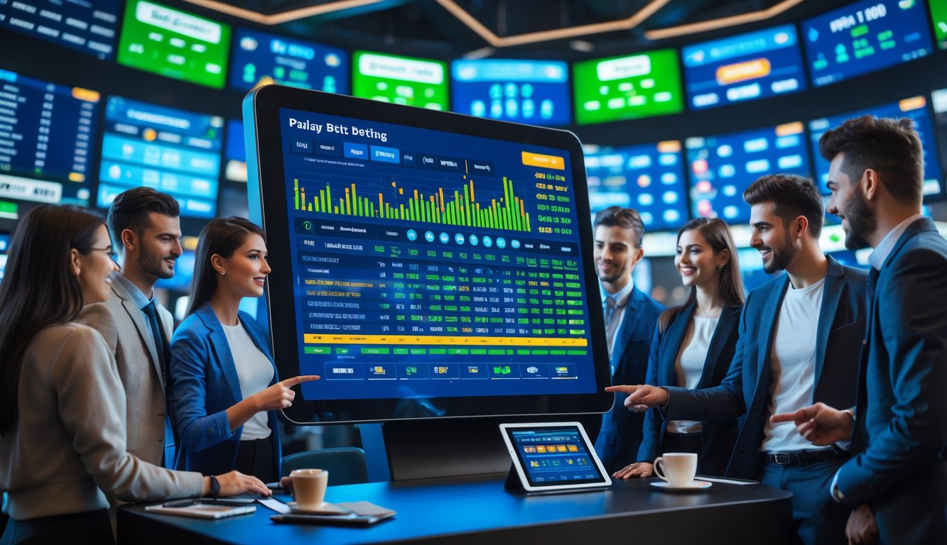 Sekelompok orang muda sedang berdiskusi di depan layar digital besar yang menampilkan statistik dan peluang taruhan olahraga.