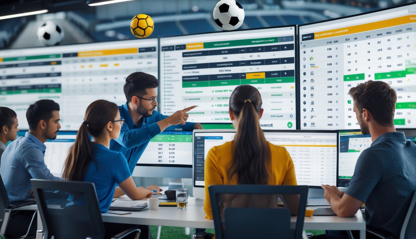 Sekelompok orang muda sedang menganalisis data pertandingan sepak bola di layar komputer dalam suasana kantor modern.