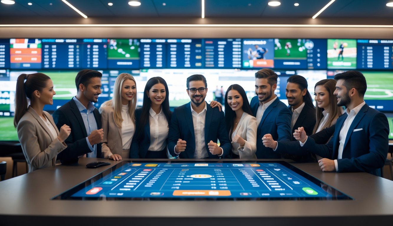 Sekelompok orang muda yang percaya diri menggunakan antarmuka digital untuk bertaruh pada pertandingan olahraga di ruang yang terang dan modern.