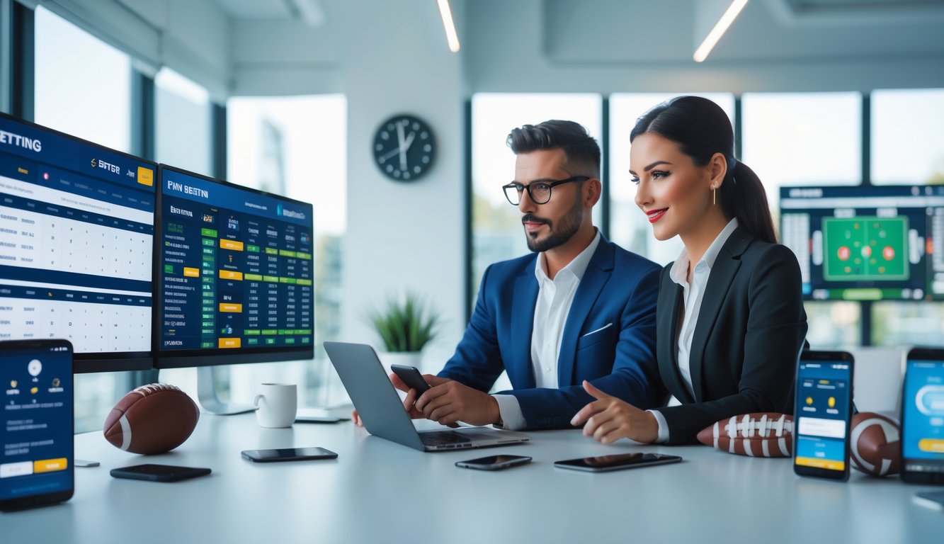 Dua orang profesional sedang melihat layar digital dengan informasi taruhan olahraga di sebuah kantor modern.