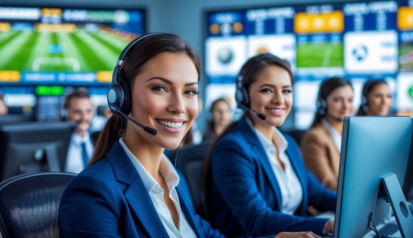 Beberapa staf layanan pelanggan sedang bekerja di pusat panggilan dengan layar komputer menampilkan skor dan peluang taruhan olahraga secara langsung.