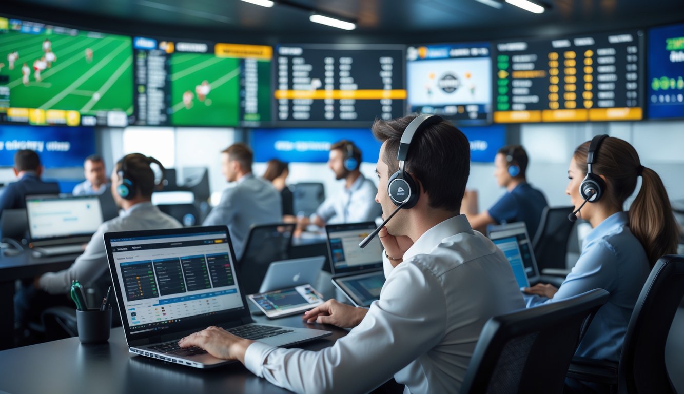 Orang-orang menggunakan perangkat elektronik untuk bertaruh olahraga di sebuah ruang taruhan modern dengan layar digital menampilkan pertandingan olahraga dan seorang petugas layanan pelanggan dengan headset siap membantu.