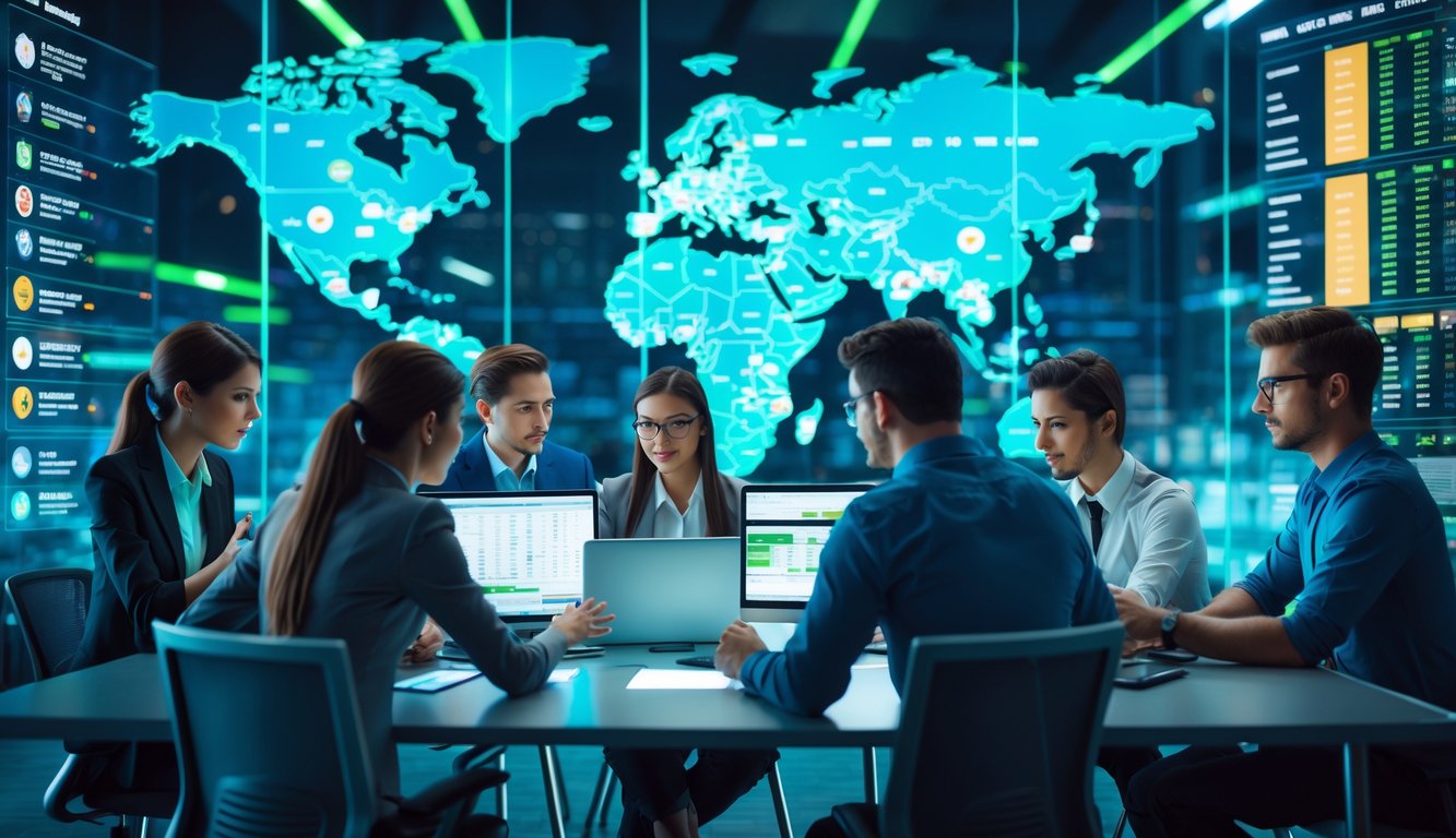 Sekelompok profesional muda sedang berdiskusi dan menganalisis data olahraga di kantor modern dengan layar digital besar.