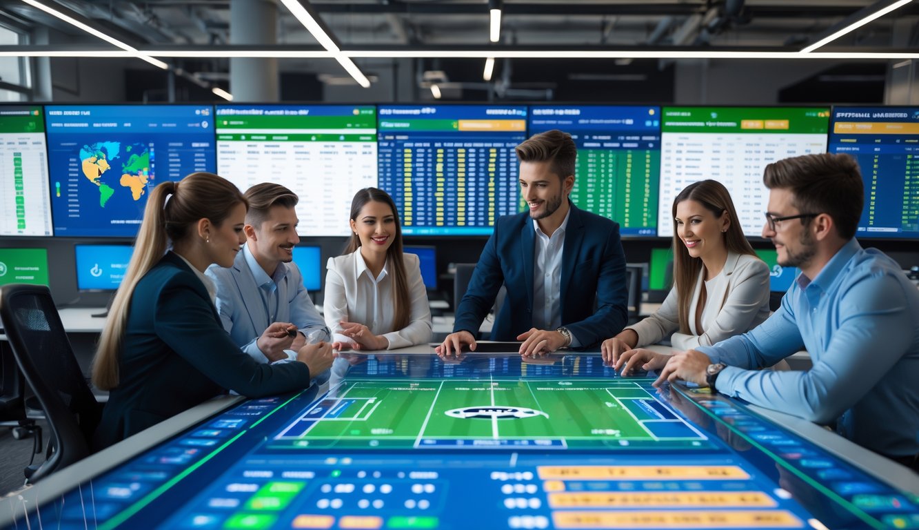 Sekelompok profesional muda sedang bekerja bersama di kantor modern dengan layar digital yang menampilkan data taruhan bola parlay dan pertandingan sepak bola langsung.