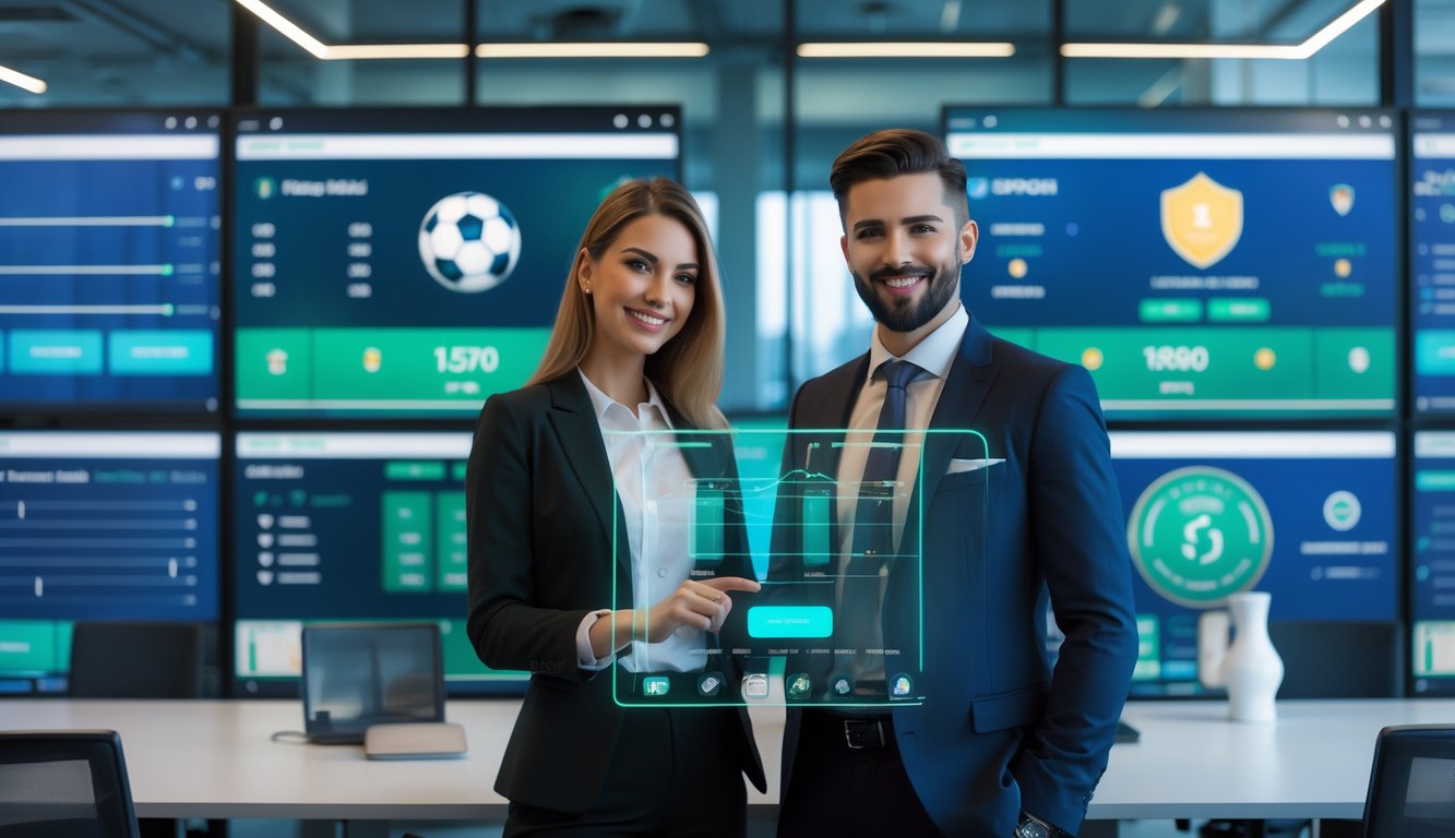 Seorang pria dan wanita berdiri di kantor modern dengan layar digital menampilkan statistik pertandingan sepak bola dan ikon keamanan.