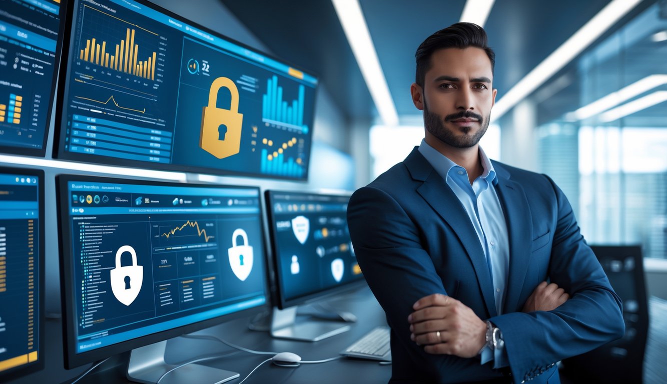 Seorang pria bisnis berdiri di kantor modern dengan layar digital yang menampilkan data dan simbol keamanan.