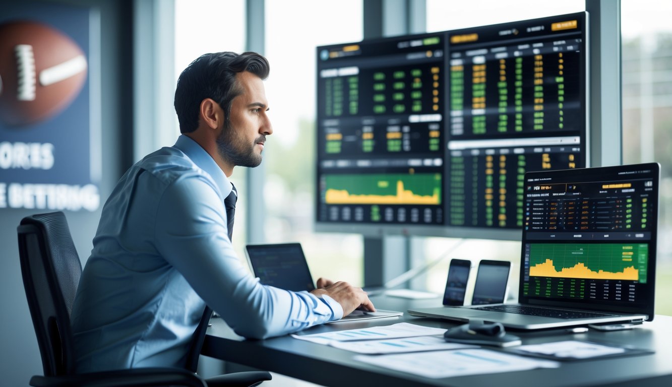 Seorang pria profesional duduk di meja kantor modern sambil menganalisis layar komputer dengan data taruhan olahraga.
