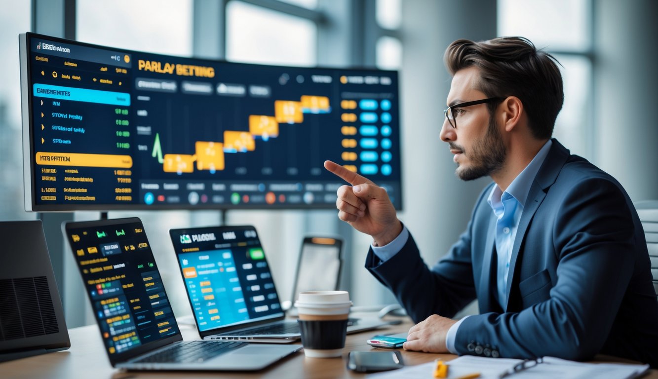 Seorang profesional sedang menganalisis strategi taruhan olahraga di depan layar digital dengan grafik dan statistik taruhan.