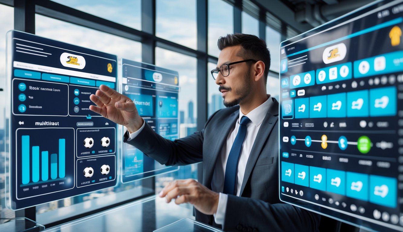 Seorang pria bisnis sedang menganalisis beberapa layar digital taruhan olahraga di kantor modern dengan pemandangan kota di latar belakang.