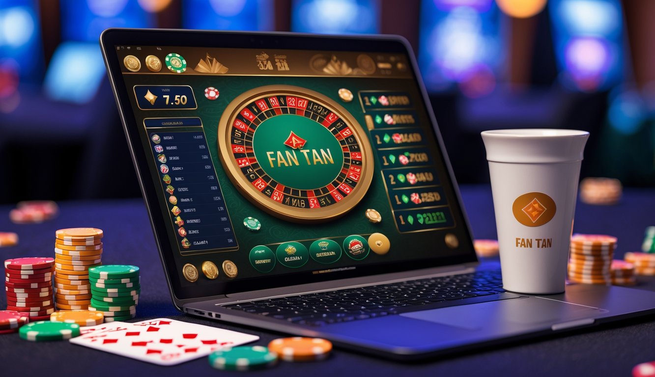 Sebuah laptop menampilkan permainan Fan Tan dengan chip dan kartu kasino di sekitarnya di meja yang rapi.