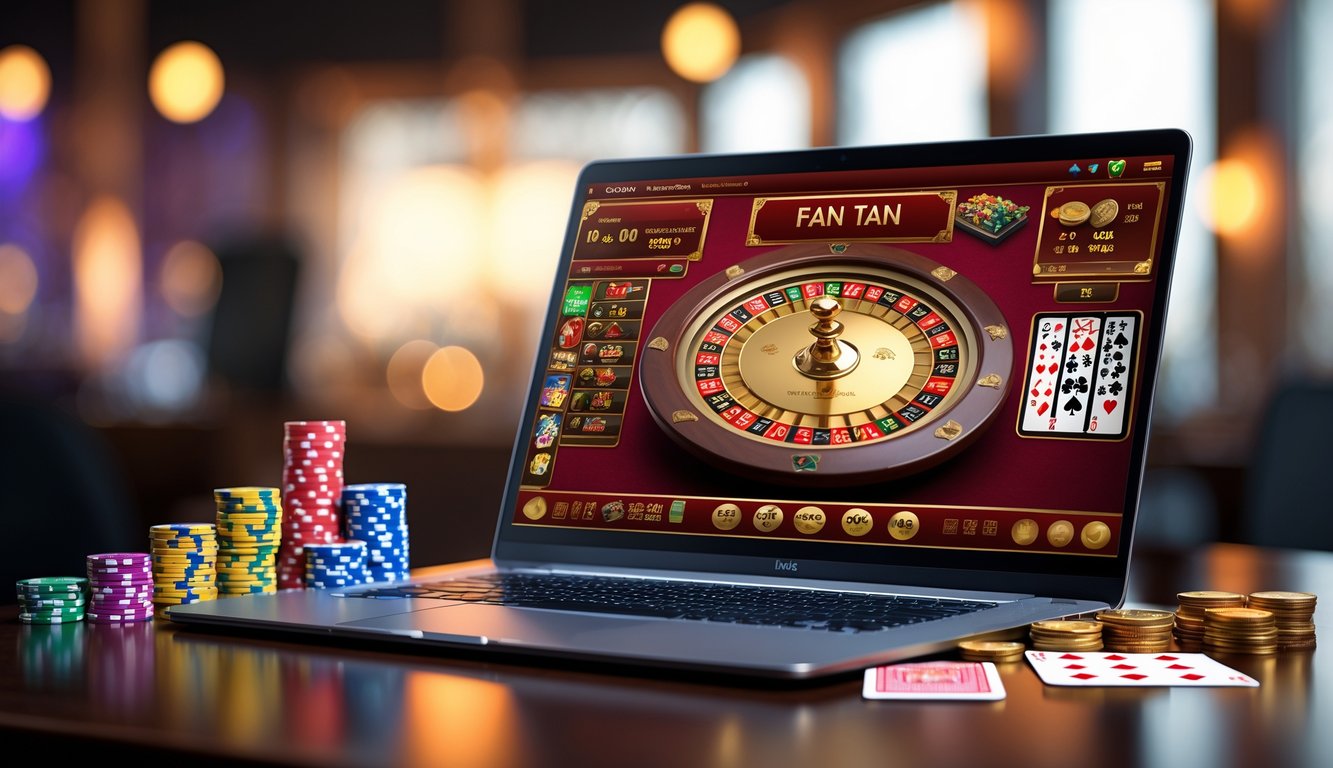 Seorang pemain sedang bermain permainan Fan Tan di kasino online menggunakan laptop dengan chip poker di meja.