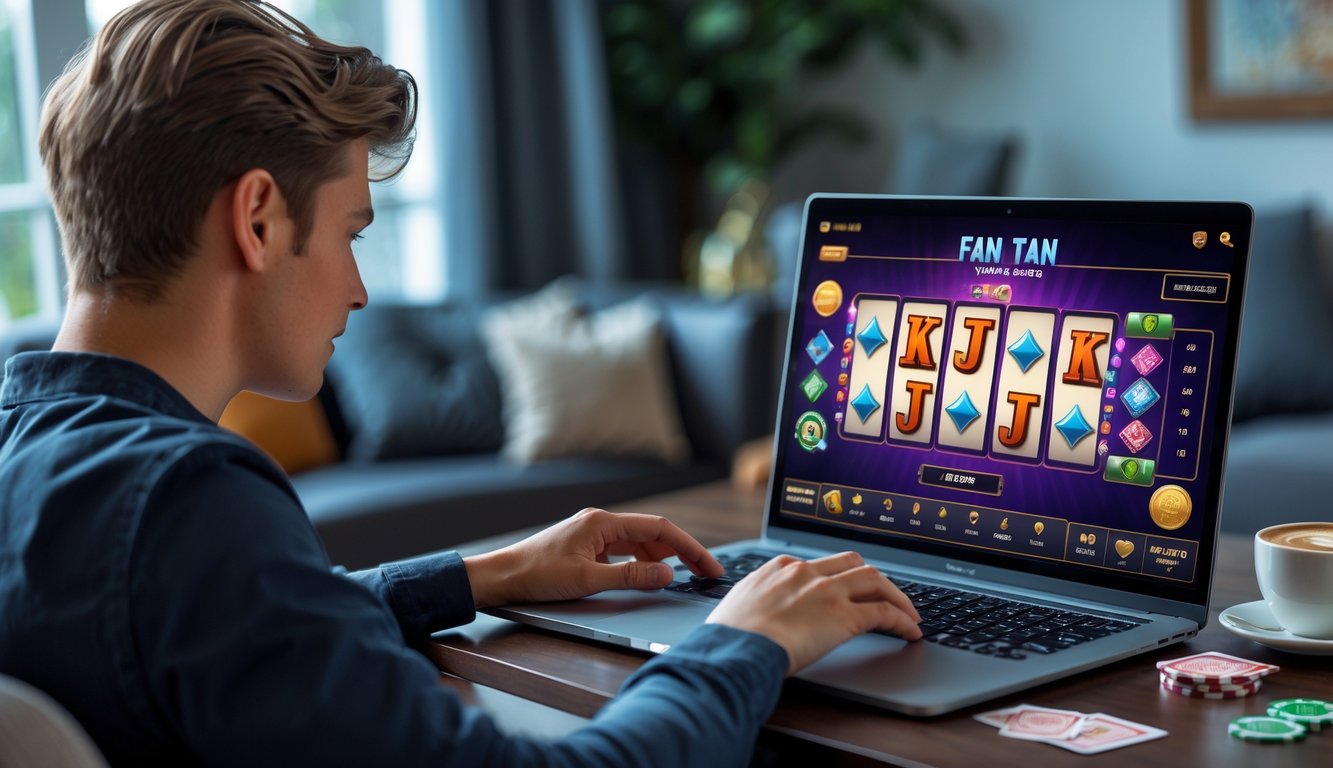 Seorang dewasa muda fokus bermain permainan Fan Tan di laptop di dalam ruangan yang nyaman.