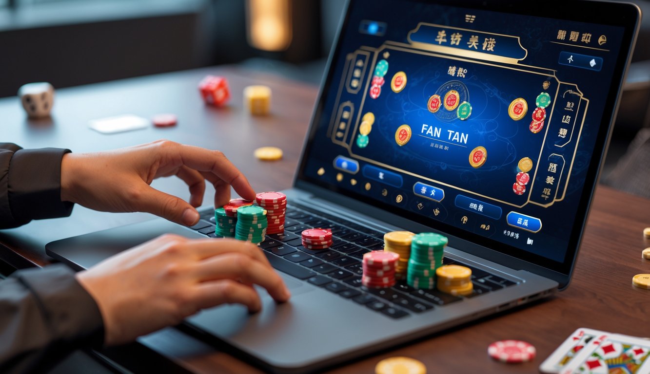Seorang pemain sedang memasang taruhan di permainan Fan Tan secara online menggunakan laptop di lingkungan kasino yang modern.