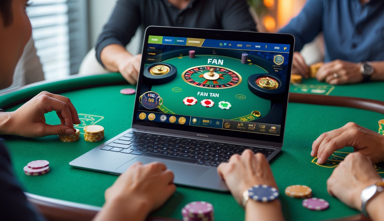 Seseorang bermain permainan Fan Tan di perangkat digital dalam suasana nyaman dan terang.