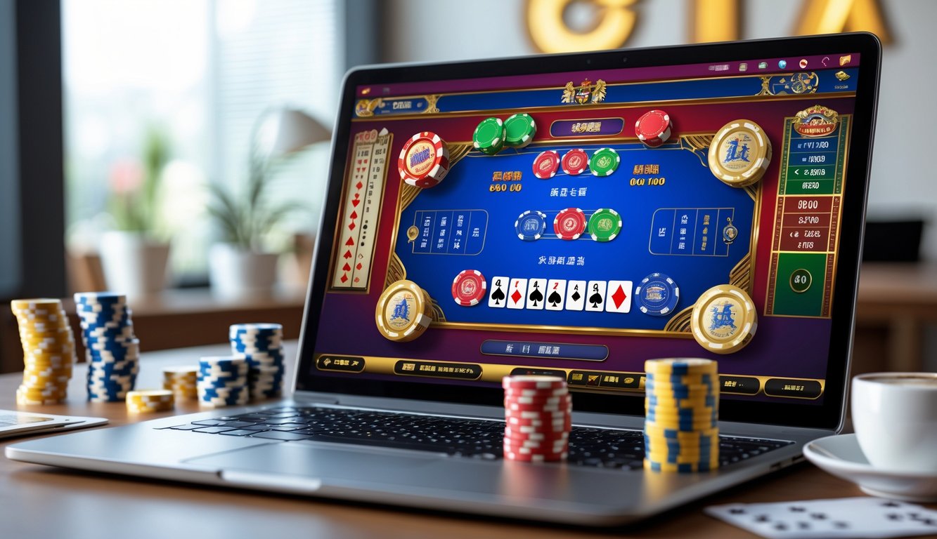 Seorang pengguna sedang bermain permainan Fan Tan online di laptop dengan tumpukan chip dan kartu di meja.