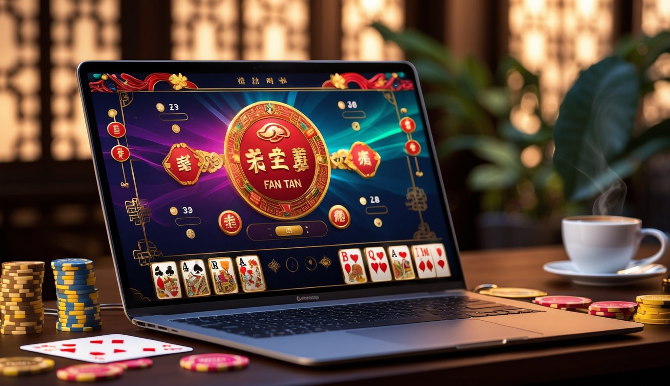 Seorang pemain sedang bermain Fan Tan di kasino online dengan komputer dan chip kasino di meja