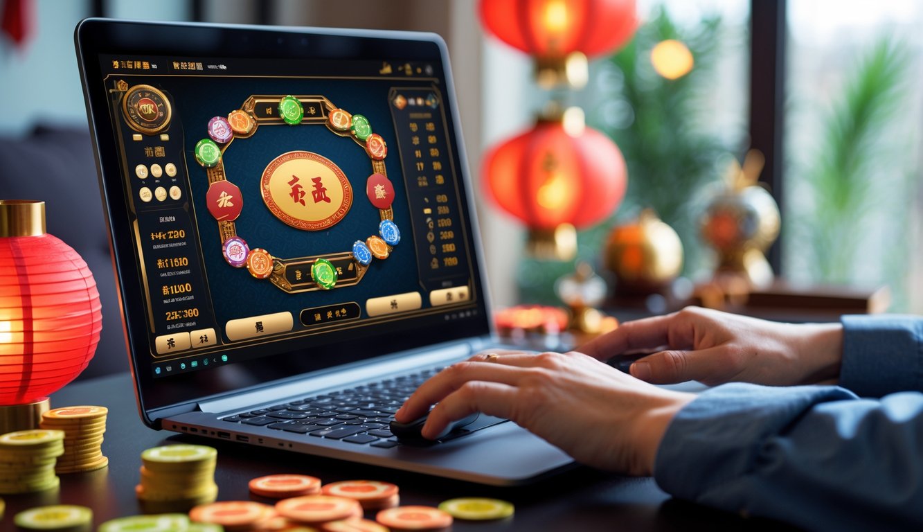 Seorang pemain sedang bermain permainan Fan Tan secara online di komputer dengan chip taruhan di meja.