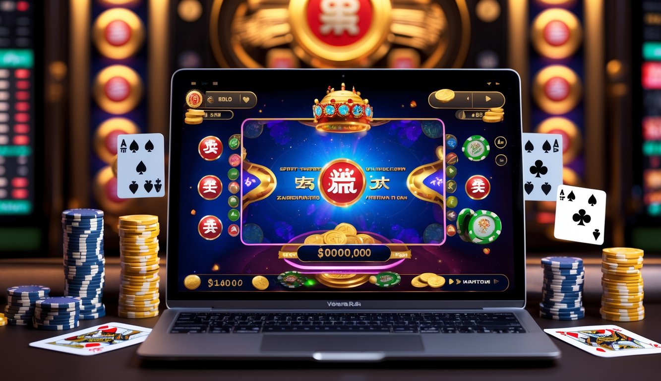 Sebuah komputer menampilkan permainan Fan Tan online dengan tumpukan chip poker dan kartu di sekitarnya, suasana kasino modern dengan elemen jackpot besar.