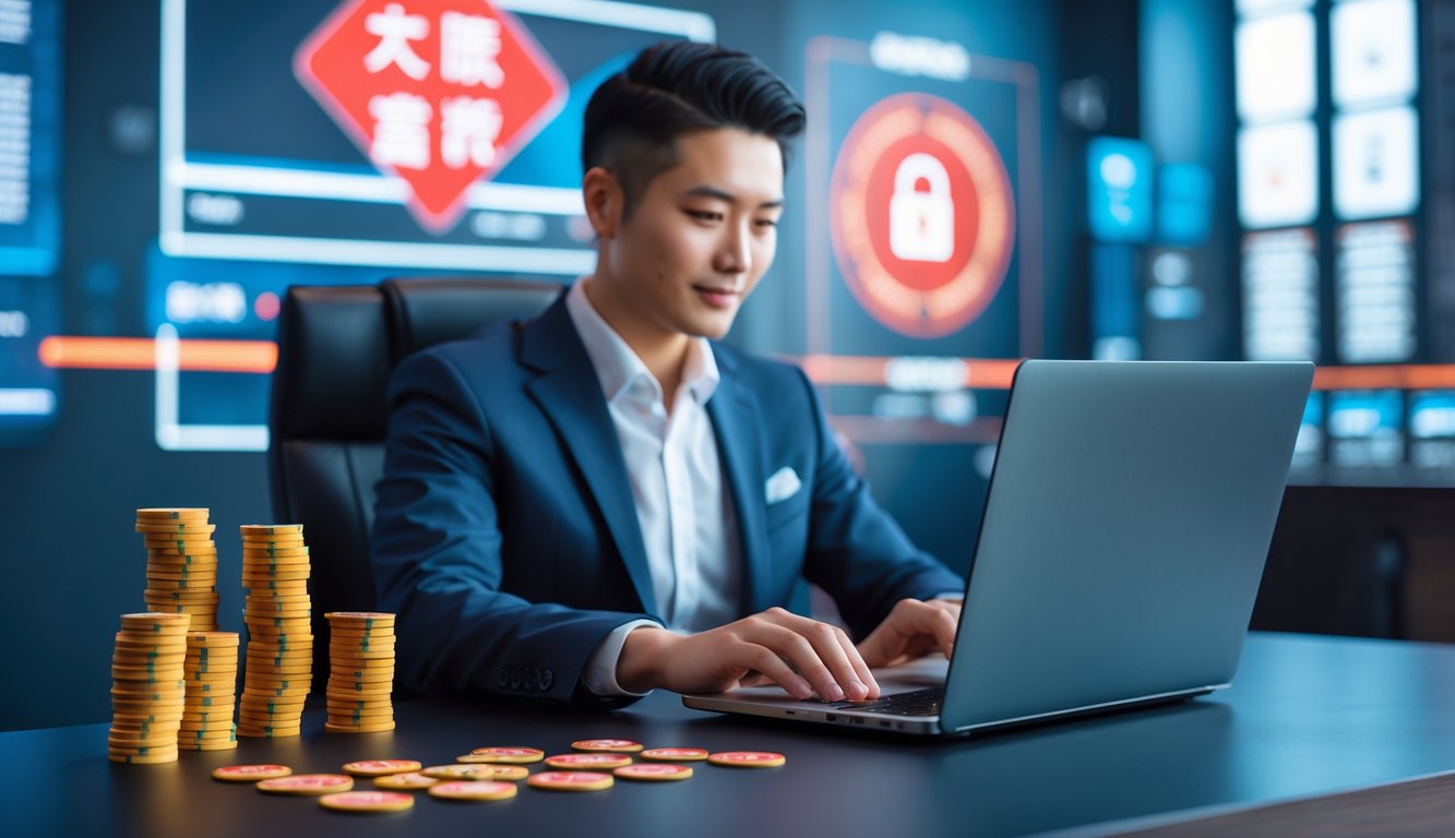 Seseorang duduk di meja dengan laptop, melihat pilihan kasino online Fan Tan dalam suasana yang aman dan profesional.