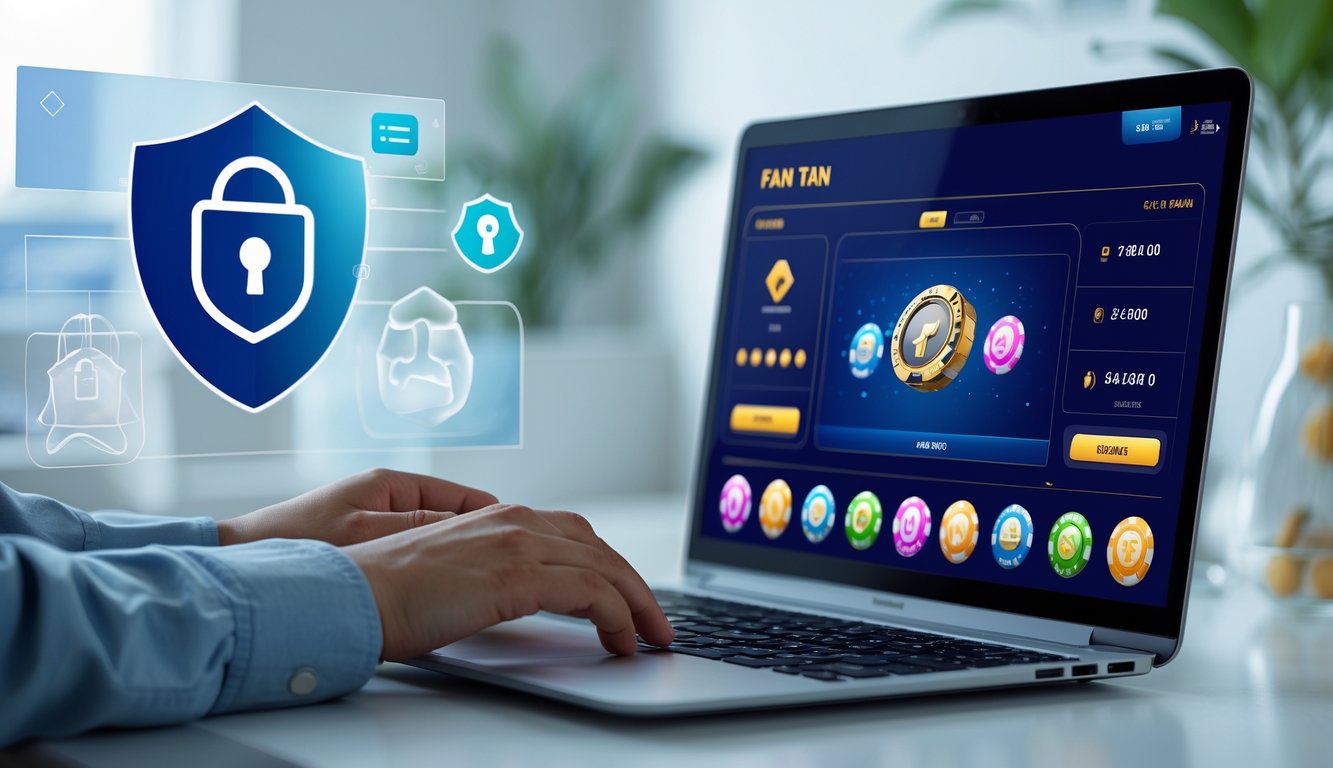 Seseorang menggunakan laptop dengan permainan Fan Tan online yang aman di layar, di meja kerja yang rapi dengan simbol keamanan digital di latar belakang.